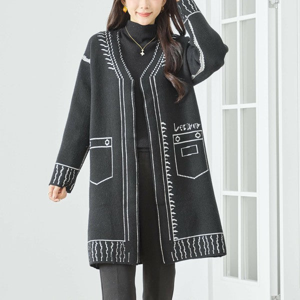 【M〜L】だまし絵ステッチデザインロングカーディガン｜体型カバー・大人可愛い・ロング丈・TRUBE・N25-244