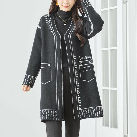 【M〜L】だまし絵ステッチデザインロングカーディガン｜体型カバー・大人可愛い・ロング丈・TRUBE・N25-244