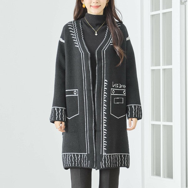 【M〜L】だまし絵ステッチデザインロングカーディガン｜体型カバー・大人可愛い・ロング丈・TRUBE・N25-244