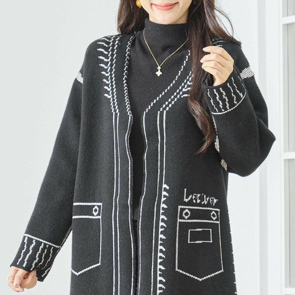 【M〜L】だまし絵ステッチデザインロングカーディガン｜体型カバー・大人可愛い・ロング丈・TRUBE・N25-244