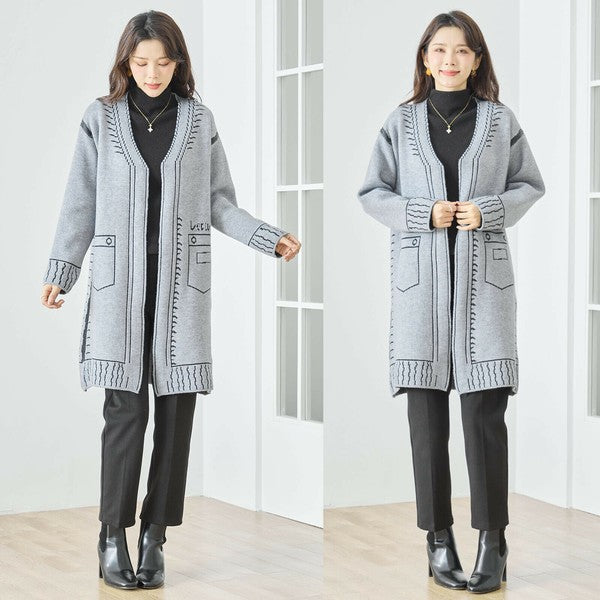 【M〜L】だまし絵ステッチデザインロングカーディガン｜体型カバー・大人可愛い・ロング丈・TRUBE・N25-244