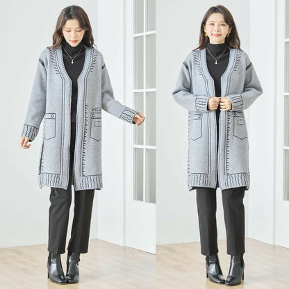 【M〜L】だまし絵ステッチデザインロングカーディガン｜体型カバー・大人可愛い・ロング丈・TRUBE・N25-244