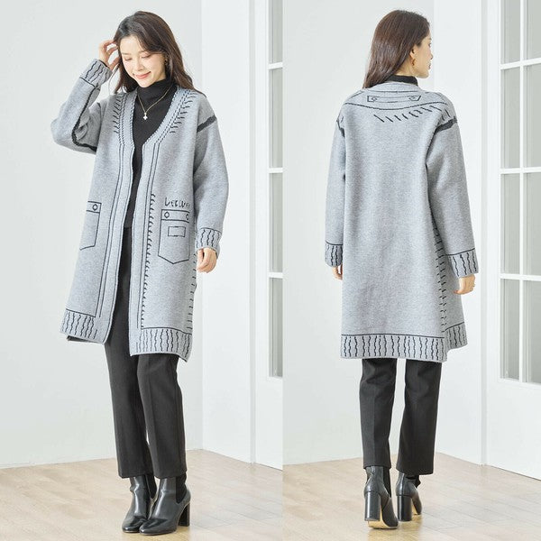 【M〜L】だまし絵ステッチデザインロングカーディガン｜体型カバー・大人可愛い・ロング丈・TRUBE・N25-244