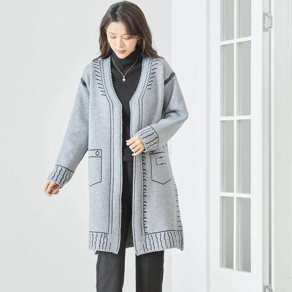 【M〜L】だまし絵ステッチデザインロングカーディガン｜体型カバー・大人可愛い・ロング丈・TRUBE・N25-244