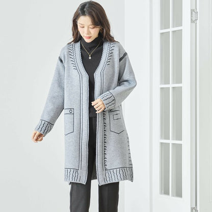 【M〜L】だまし絵ステッチデザインロングカーディガン｜体型カバー・大人可愛い・ロング丈・TRUBE・N25-244