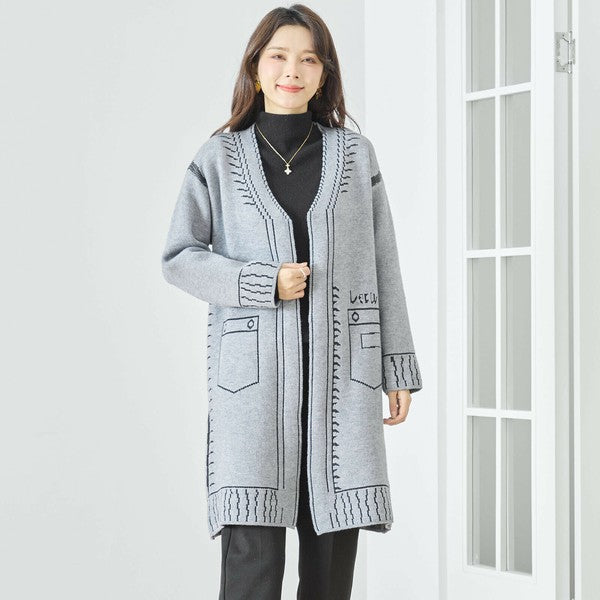 【M〜L】だまし絵ステッチデザインロングカーディガン｜体型カバー・大人可愛い・ロング丈・TRUBE・N25-244