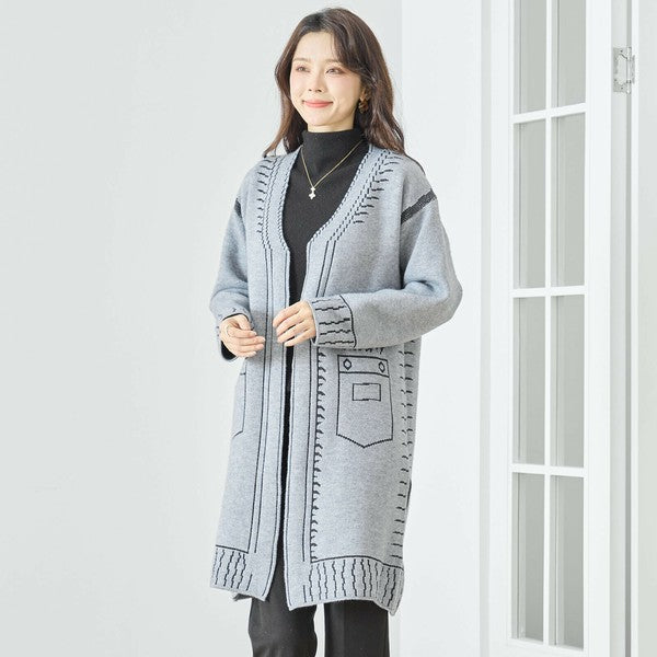 【M〜L】だまし絵ステッチデザインロングカーディガン｜体型カバー・大人可愛い・ロング丈・TRUBE・N25-244