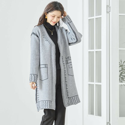 【M〜L】だまし絵ステッチデザインロングカーディガン｜体型カバー・大人可愛い・ロング丈・TRUBE・N25-244