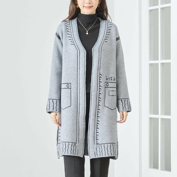 【M〜L】だまし絵ステッチデザインロングカーディガン｜体型カバー・大人可愛い・ロング丈・TRUBE・N25-244