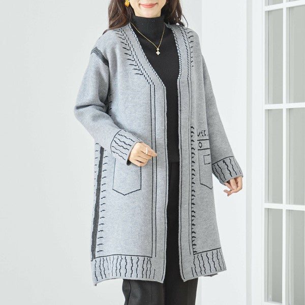 【M〜L】だまし絵ステッチデザインロングカーディガン｜体型カバー・大人可愛い・ロング丈・TRUBE・N25-244