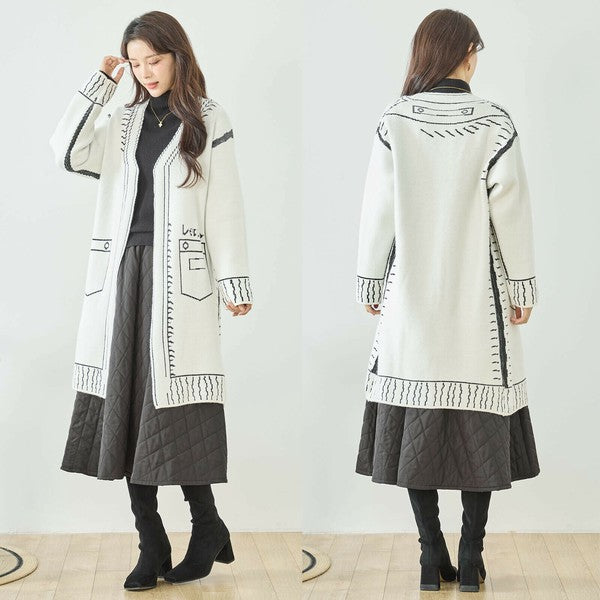 【M〜L】だまし絵ステッチデザインロングカーディガン｜体型カバー・大人可愛い・ロング丈・TRUBE・N25-244