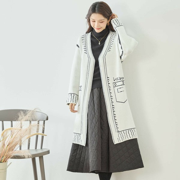 【M〜L】だまし絵ステッチデザインロングカーディガン｜体型カバー・大人可愛い・ロング丈・TRUBE・N25-244