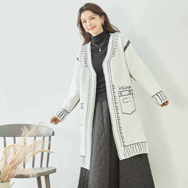 【M〜L】だまし絵ステッチデザインロングカーディガン｜体型カバー・大人可愛い・ロング丈・TRUBE・N25-244