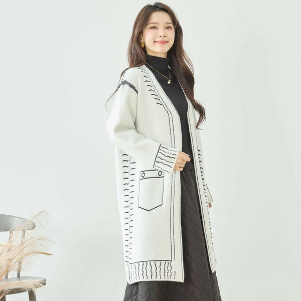 【M〜L】だまし絵ステッチデザインロングカーディガン｜体型カバー・大人可愛い・ロング丈・TRUBE・N25-244