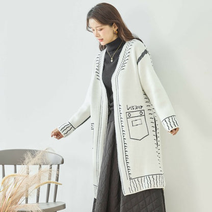 【M〜L】だまし絵ステッチデザインロングカーディガン｜体型カバー・大人可愛い・ロング丈・TRUBE・N25-244