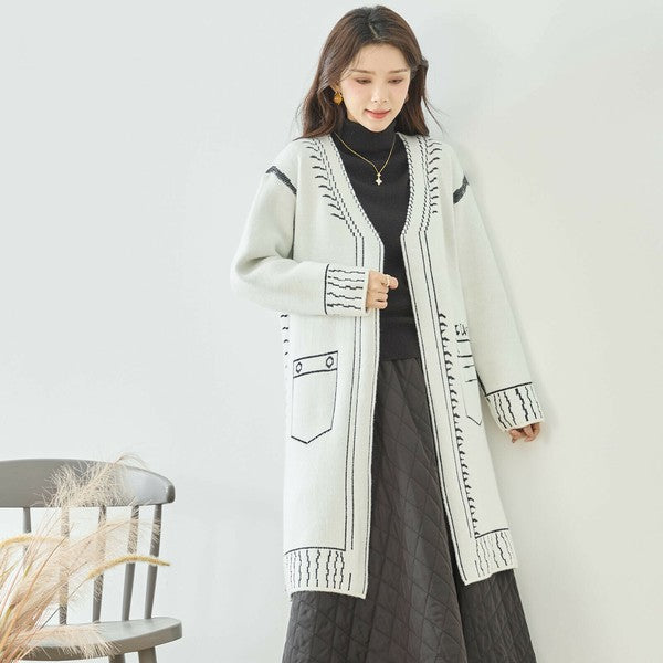 【M〜L】だまし絵ステッチデザインロングカーディガン｜体型カバー・大人可愛い・ロング丈・TRUBE・N25-244