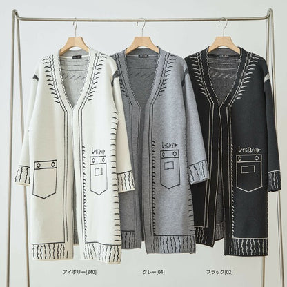 【M〜L】だまし絵ステッチデザインロングカーディガン｜体型カバー・大人可愛い・ロング丈・TRUBE・N25-244