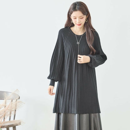 【L〜LL】プリーツ編みニットチュニックワンピース｜縦リブですっきり体型カバー・長袖・TRUBE・N12-919