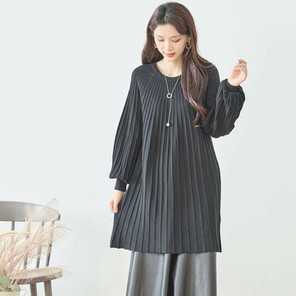 【L〜LL】プリーツ編みニットチュニックワンピース｜縦リブですっきり体型カバー・長袖・TRUBE・N12-919