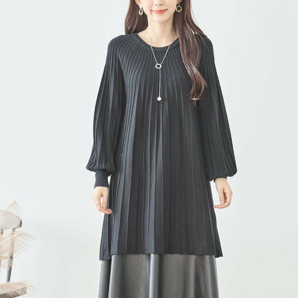 【L〜LL】プリーツ編みニットチュニックワンピース｜縦リブですっきり体型カバー・長袖・TRUBE・N12-919
