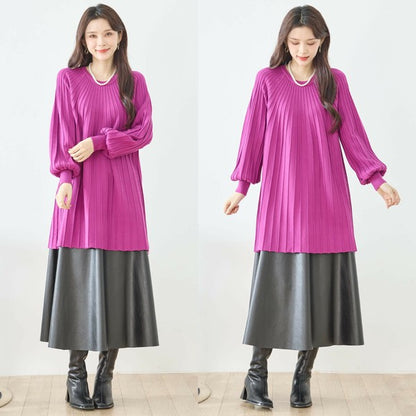 【L〜LL】プリーツ編みニットチュニックワンピース｜縦リブですっきり体型カバー・長袖・TRUBE・N12-919