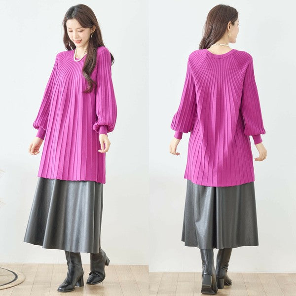 【L〜LL】プリーツ編みニットチュニックワンピース｜縦リブですっきり体型カバー・長袖・TRUBE・N12-919