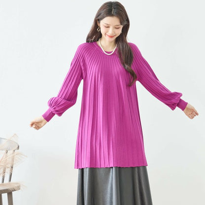 【L〜LL】プリーツ編みニットチュニックワンピース｜縦リブですっきり体型カバー・長袖・TRUBE・N12-919