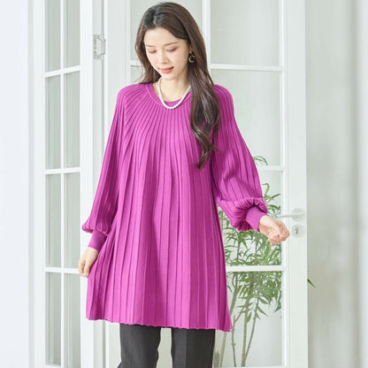 【L〜LL】プリーツ編みニットチュニックワンピース｜縦リブですっきり体型カバー・長袖・TRUBE・N12-919