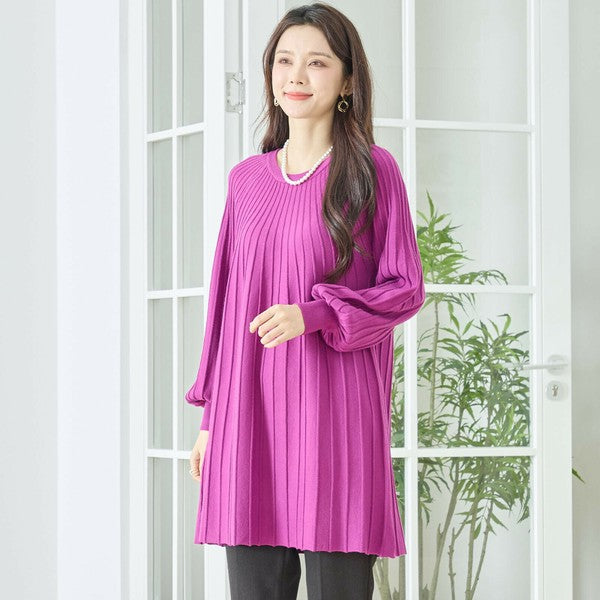 【L〜LL】プリーツ編みニットチュニックワンピース｜縦リブですっきり体型カバー・長袖・TRUBE・N12-919