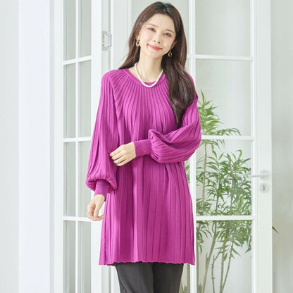 【L〜LL】プリーツ編みニットチュニックワンピース｜縦リブですっきり体型カバー・長袖・TRUBE・N12-919