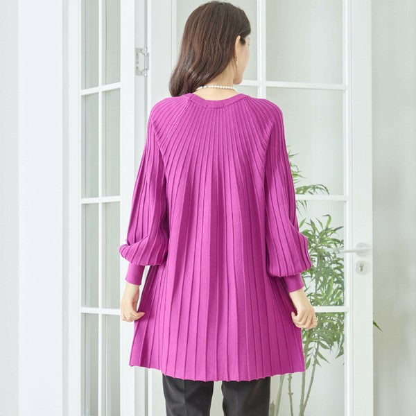 【L〜LL】プリーツ編みニットチュニックワンピース｜縦リブですっきり体型カバー・長袖・TRUBE・N12-919