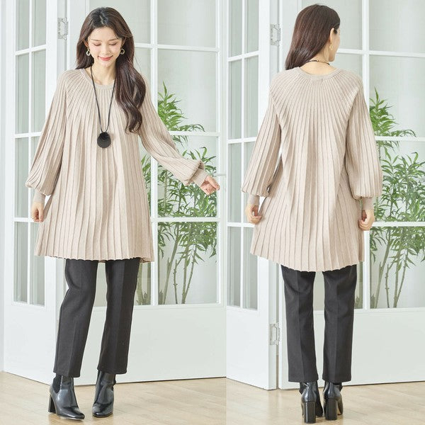 【L〜LL】プリーツ編みニットチュニックワンピース｜縦リブですっきり体型カバー・長袖・TRUBE・N12-919