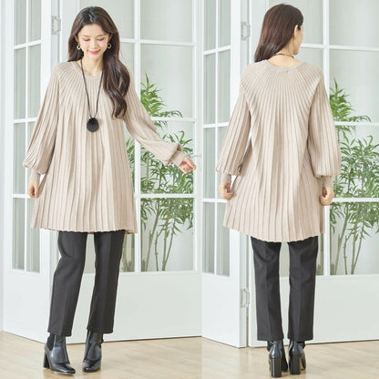 【L〜LL】プリーツ編みニットチュニックワンピース｜縦リブですっきり体型カバー・長袖・TRUBE・N12-919