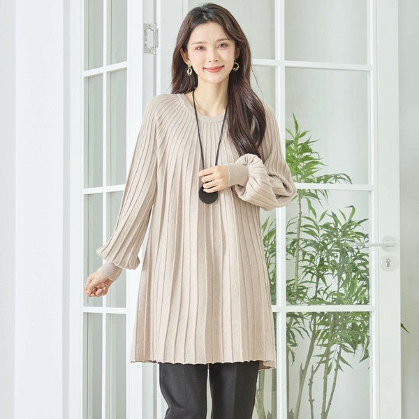 【L〜LL】プリーツ編みニットチュニックワンピース｜縦リブですっきり体型カバー・長袖・TRUBE・N12-919