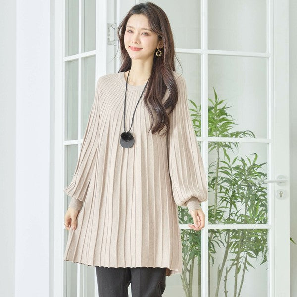 【L〜LL】プリーツ編みニットチュニックワンピース｜縦リブですっきり体型カバー・長袖・TRUBE・N12-919