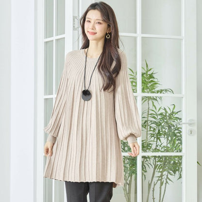 【L〜LL】プリーツ編みニットチュニックワンピース｜縦リブですっきり体型カバー・長袖・TRUBE・N12-919