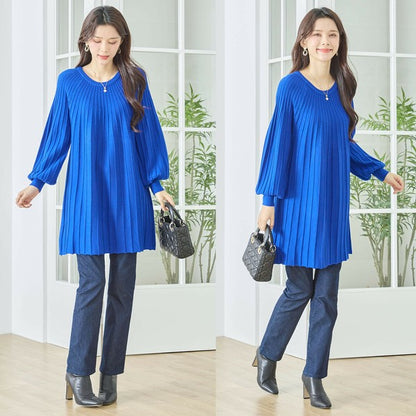 【L〜LL】プリーツ編みニットチュニックワンピース｜縦リブですっきり体型カバー・長袖・TRUBE・N12-919