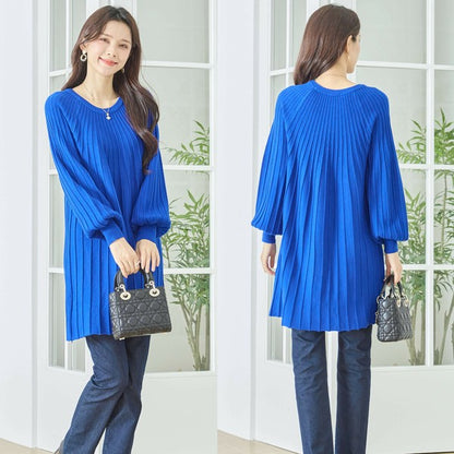 【L〜LL】プリーツ編みニットチュニックワンピース｜縦リブですっきり体型カバー・長袖・TRUBE・N12-919