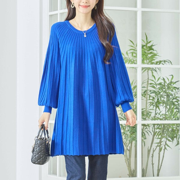 【L〜LL】プリーツ編みニットチュニックワンピース｜縦リブですっきり体型カバー・長袖・TRUBE・N12-919