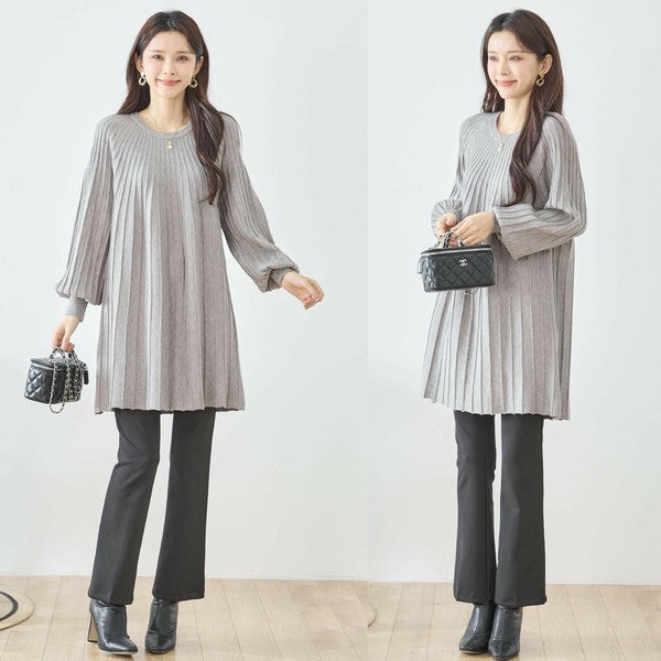 【L〜LL】プリーツ編みニットチュニックワンピース｜縦リブですっきり体型カバー・長袖・TRUBE・N12-919