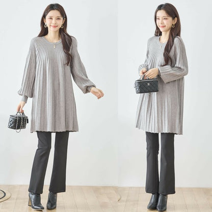 【L〜LL】プリーツ編みニットチュニックワンピース｜縦リブですっきり体型カバー・長袖・TRUBE・N12-919