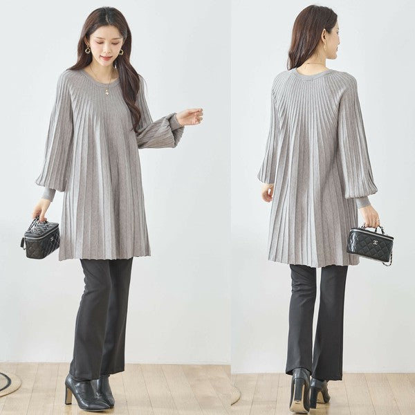 【L〜LL】プリーツ編みニットチュニックワンピース｜縦リブですっきり体型カバー・長袖・TRUBE・N12-919