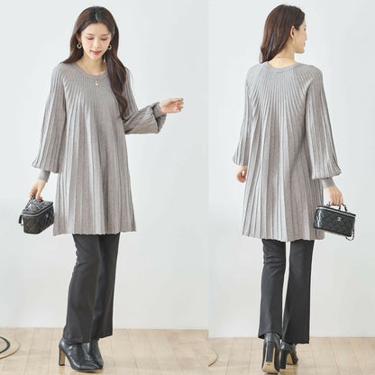 【L〜LL】プリーツ編みニットチュニックワンピース｜縦リブですっきり体型カバー・長袖・TRUBE・N12-919