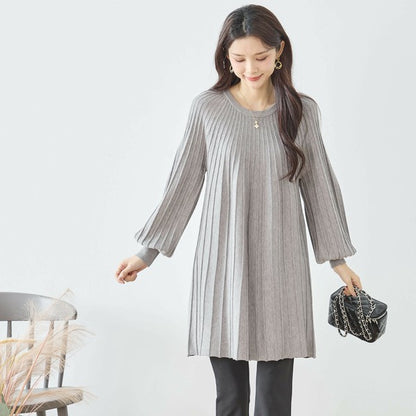 【L〜LL】プリーツ編みニットチュニックワンピース｜縦リブですっきり体型カバー・長袖・TRUBE・N12-919