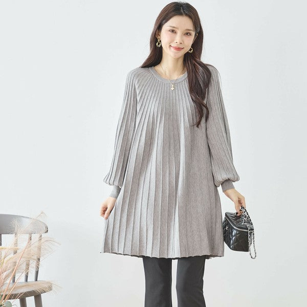 【L〜LL】プリーツ編みニットチュニックワンピース｜縦リブですっきり体型カバー・長袖・TRUBE・N12-919