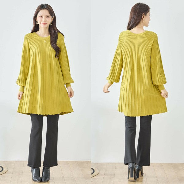 【L〜LL】プリーツ編みニットチュニックワンピース｜縦リブですっきり体型カバー・長袖・TRUBE・N12-919