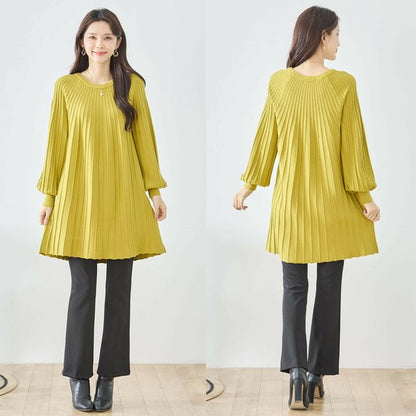 【L〜LL】プリーツ編みニットチュニックワンピース｜縦リブですっきり体型カバー・長袖・TRUBE・N12-919