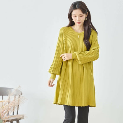 【L〜LL】プリーツ編みニットチュニックワンピース｜縦リブですっきり体型カバー・長袖・TRUBE・N12-919