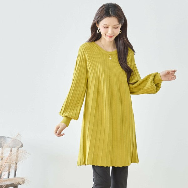 【L〜LL】プリーツ編みニットチュニックワンピース｜縦リブですっきり体型カバー・長袖・TRUBE・N12-919