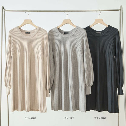 【L〜LL】プリーツ編みニットチュニックワンピース｜縦リブですっきり体型カバー・長袖・TRUBE・N12-919